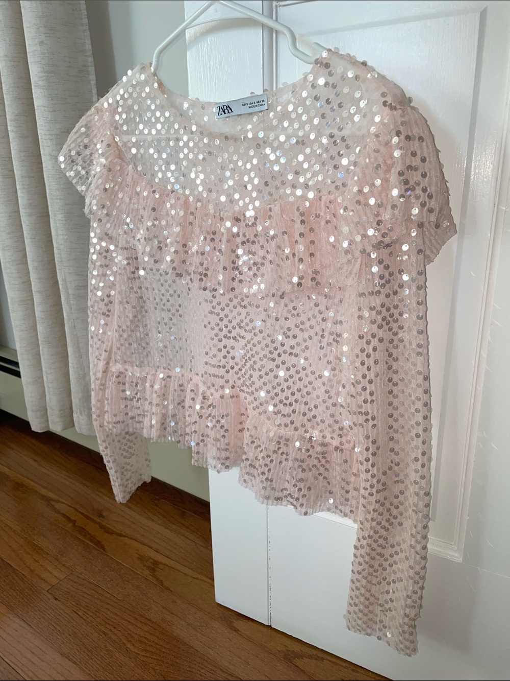 ZARA Light Pink Sequin Ruffle Top